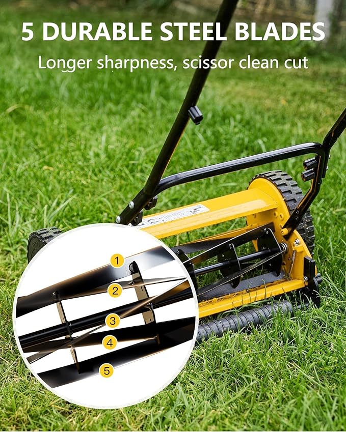 16-Inch Hand Push Reel Lawn Mower, 5-Blade Manual Push Lawnmower, 0.4-4" Adjustable Cutting Height, Lightweight for Small/Medium Yards, Easy Assembly, Compact & Quiet, Yellow