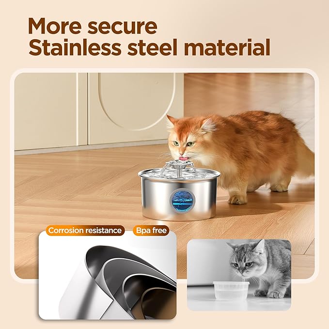 Cat Water Fountain Stainless Steel: Pet Fountain with 6 Filters & 3 Sponges | 88oz/2.6L Water Fountains for Cats Inside with Flower - IHOUONE Kitty Spout Drinking Dispenser Animal Supplies