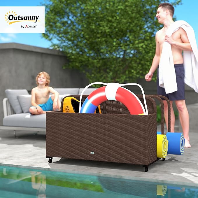 Outsunny Wicker Patio Pool Float Storage Basket, PE Rattan Outdoor Pool Caddy with Rolling Wheels for Floaties, Noodles, Life Vests, Beach Balls, Patio Furniture, Brown