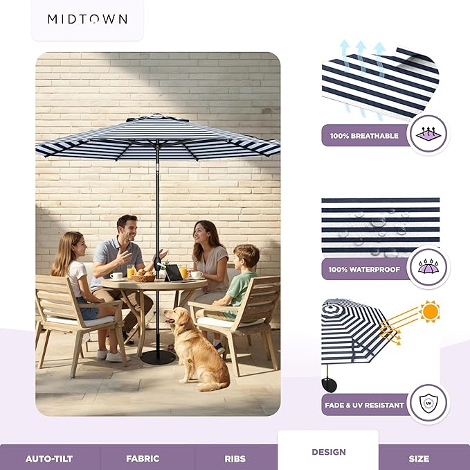 Midtown Umbrellas - 10-Year-No-Fade 10 Ft Patio Umbrella with Terylast Fabric, Auto-Tilt Aluminum Frame and 8 Reinforced Ribs for Deck, Pool, Garden & Beach - Navy Stripes Canopy, Black Pole