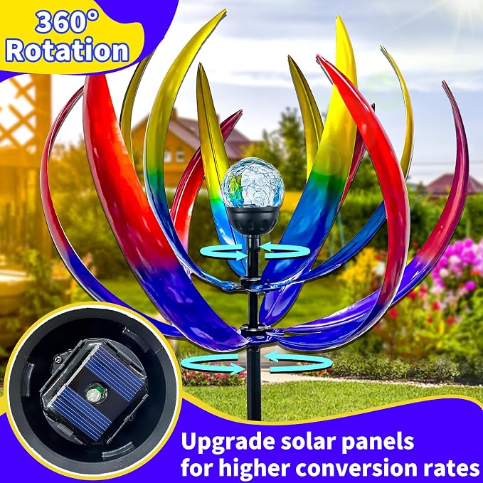 Wind Spinners Outdoor for Yard and Garden - Wind Sculptures & Spinners - 70 Inch Wind Spinner with Solar Powered Multi-Color Glass Ball Light for Yard Garden Backyard Lawn Decorations-Multicolored
