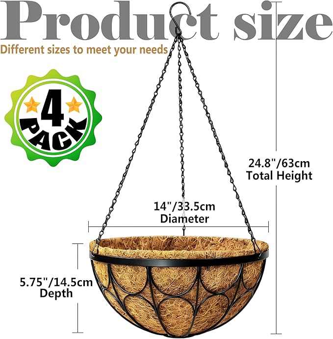 4 Pack 14 Inch Hanging Planters for Outdoor Plants，Large Wire Flower Hanging Basket with Coco Liners for Balconies, Patios, Porch, Terraces Decor