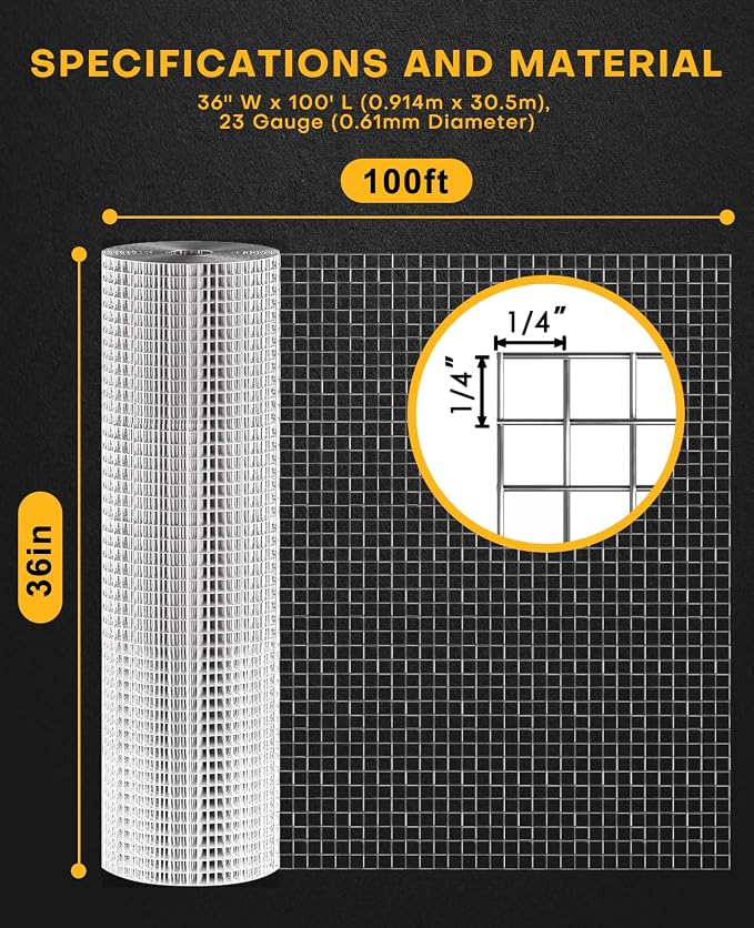Hardware Cloth 1/4 inch 36 in x 100 ft Wire Mesh Roll:Garden Fencing Galvanized After Welding Chicken Fence Square Mesh 23 Gauge Rabbit Snake Cage Heavy Duty