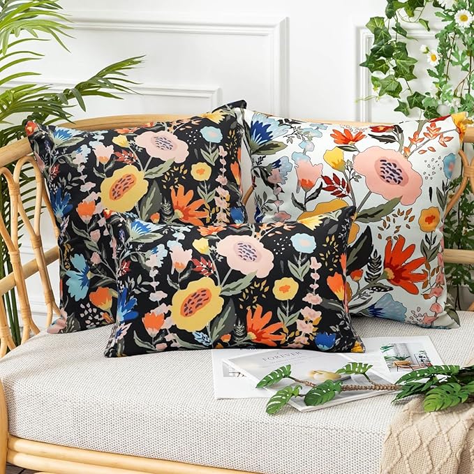 Pack of 2 Waterproof Outdoor Throw Pillows Cover 12x20 Inch Colorful Floral Decorative Farmhouse Rectangle Pillowcases Outdoor Lumbar Pillows for Patio Furniture Garden,Black Flower