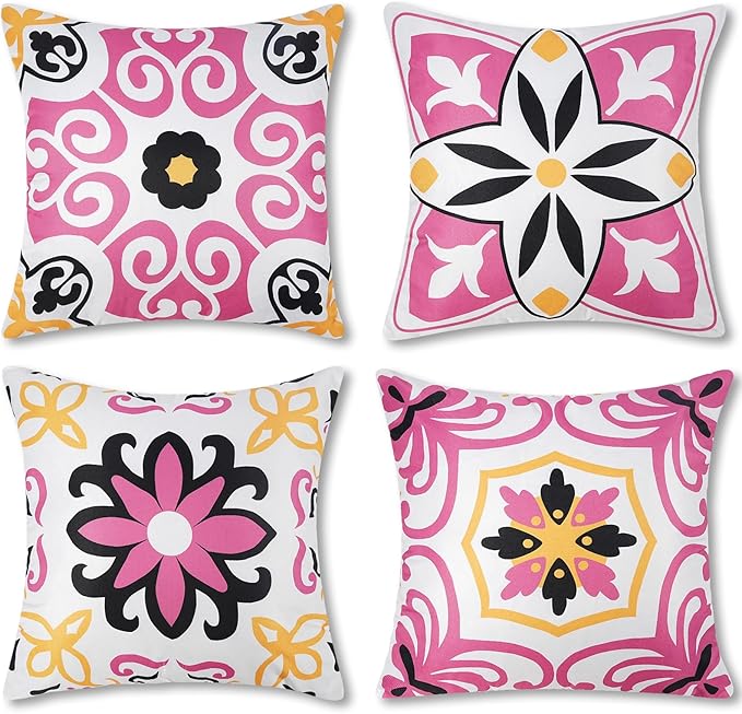 Pyonic Black Hot Pink Outdoor Pillows Waterproof Throw Pillow Covers Set of 4 Floral Printed and Boho Farmhouse Outdoor Pillow Covers for Patio Funiture Garden 18x18 Inch