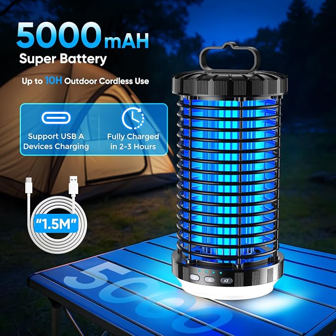 CreateFun Bug Zapper Outdoor, 2026 Upgraded 3 in 1 Rechargeable Bug Zapper with 5000mAh Battery & LED Night Light, 4000V Cordless Waterproof Mosquito Zapper for Outside,Patio,Backyard,Garden Black 0