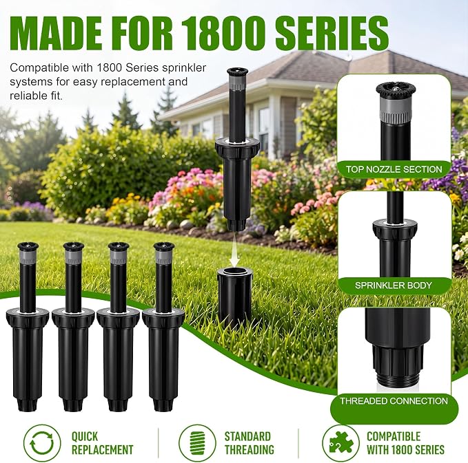 4 Pack Adjustable Sprinkler Heads for Lawn, Compatible with Rain Bird 1800 Replacement Sprinkler Head, 4-Inch Pop-Up, 9-20 ft Radius, 0-360° Adjustable Arc, Efficient Garden Yard Irrigation