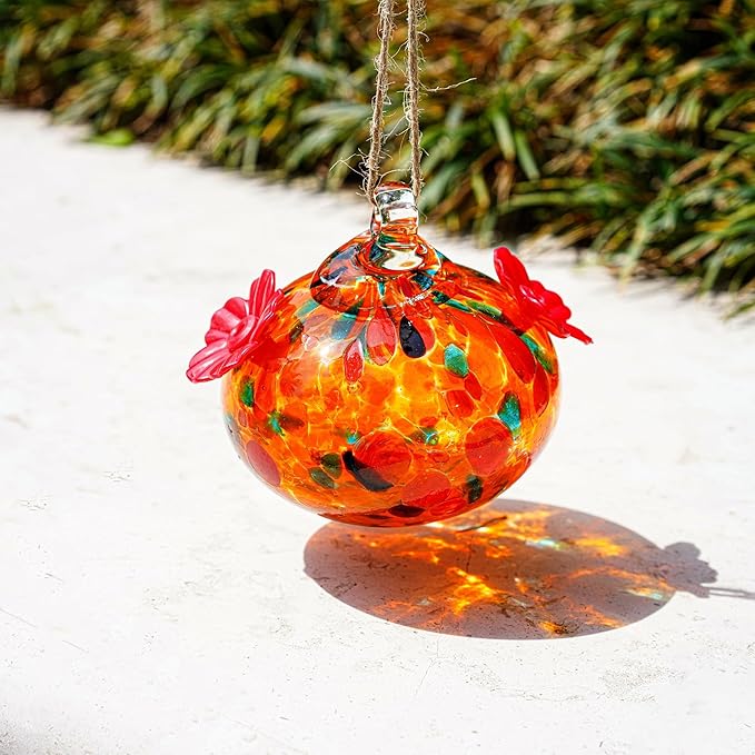 Set of 2 Hummingbird Feeders for Outdoors Hanging 3.2in Small Blown Glass Humming Bird Feeder for Window Humming Bird Feeders with 2 Flower Feeding Ports Decor for Outside Garden