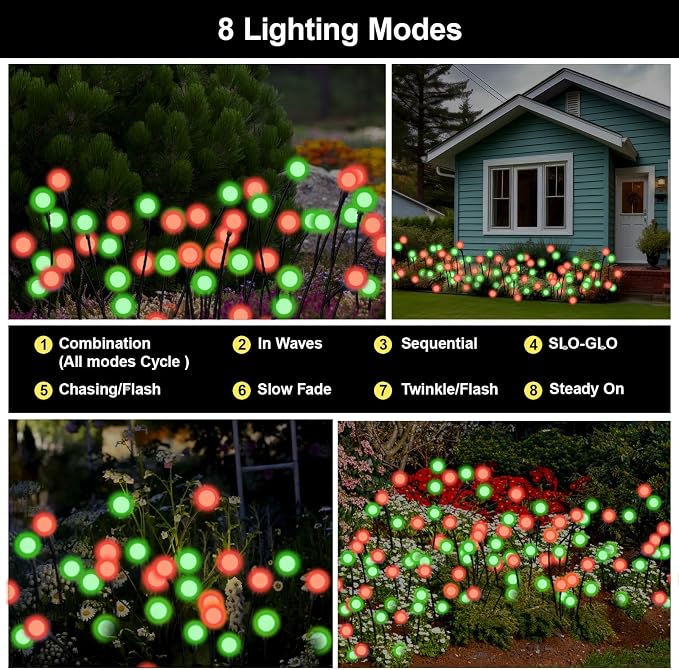 Solar Firefly Lights Red and Green, 4 Pack 800mAh Swaying Firefly Garden Lights Solar Powered Outdoor Waterproof for Yard Patio Lawn Pathway Walkway Stake Christmas Decor (Red & Green 4Pack)