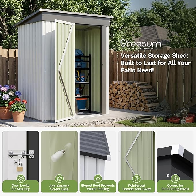 Greesum 5x3FT Outdoor Storage Shed with Base, Utility Tool Shed with Sloping Roof, Metal Storaged Garden Shed with Door & Lock for Patio Storage, White