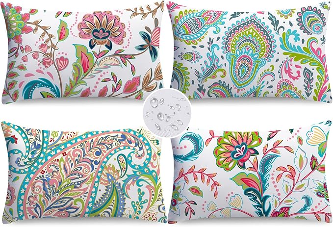 NIGHTWISH Outdoor Waterproof Pillow Covers 12x20 Set of 4 Spring Summer Floral Boho Decorative Outdoor Throw Pillows Paisley Cushion Cases for Patio Furniture Bench Couch Sunbrella