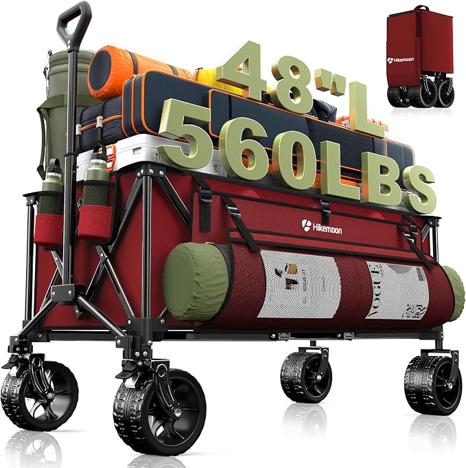 Hikemoon 300L Extra Large Wagons Carts Foldable, 560LBS Heavy Duty Collapsible Beach Wagon 48" Long with Big All-Terrain Wheels, Utility Folding Cart for Camping, Grocery, Sports, Garden, Red