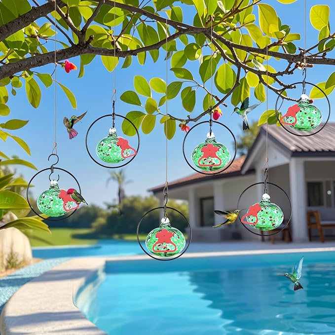 Headak Life Flexible 6 Pack Hummingbird feeders for Outdoors Hanging Ant and Bee Proof,Detachable Hand Blown Glass Hummingbird Feeder with 6 Adjustable Silicone Perch(Green)