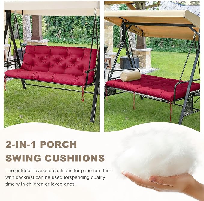 Porch Swing Cushion with Backrest,Waterproof Bench Cushion for Outdoor Furniture,2-3 Seater Replacement Thickened Swing Cushion with Ties,Patio,Outdoor,Backyard and Garden (Wine Red,47x40)