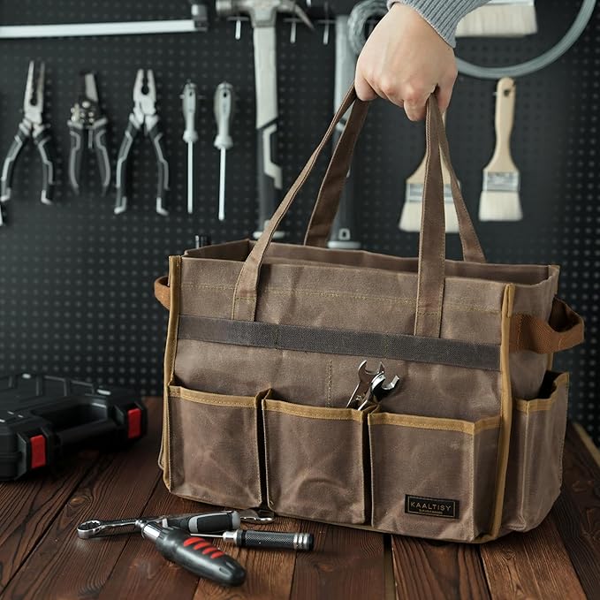 Canvas Tool Tote Bag, Heavy Duty 16oz Waxed Canvas Tool Pouch with Metal Zipper & 12-Pocket | Multi-Purpose Garden Tool Storage Carrier for Gardener Craftsman Contractor | Brownish Grey
