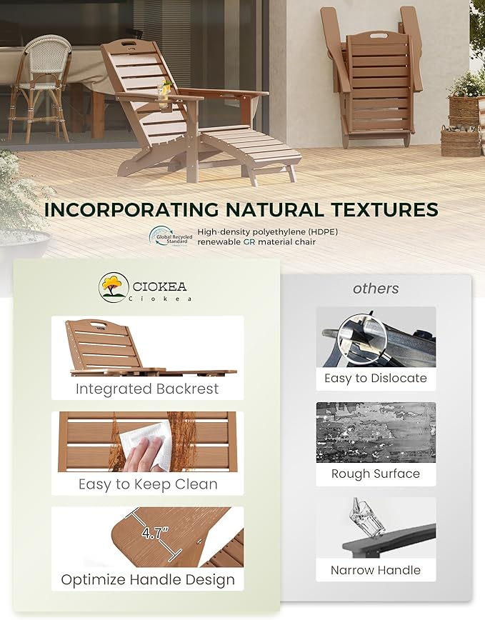 Ciokea Folding Adirondack Chair Set of 6 with Retractable Ottoman Fire Pit Patio Chair with Pull Out Foot Rest Weather Resistant Lawn Outdoor Chair with 2 Cup Holder (Teak)