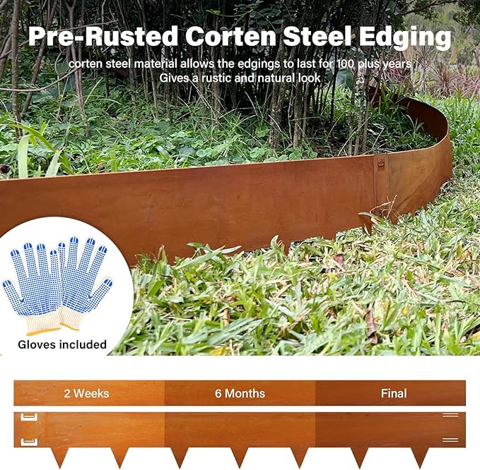 Cor-Ten Steel Landscape Lawn Edging, 40" L x 8" H,6 Pack Steel Edging for Landscaping,Metal Landscape Edging, Metal Edging for Landscaping(180 Degree Bend, Rusted)