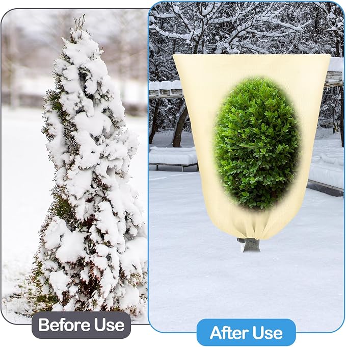 12 Pack Winter Plant Covers Freeze Protection 2 Size 47" x 32" and 24" x 32" Winter Frost Cloths Blankets with Zipper Drawstring Tree Covers for Outdoor Plants Shrubs Potted Trees(Beige)