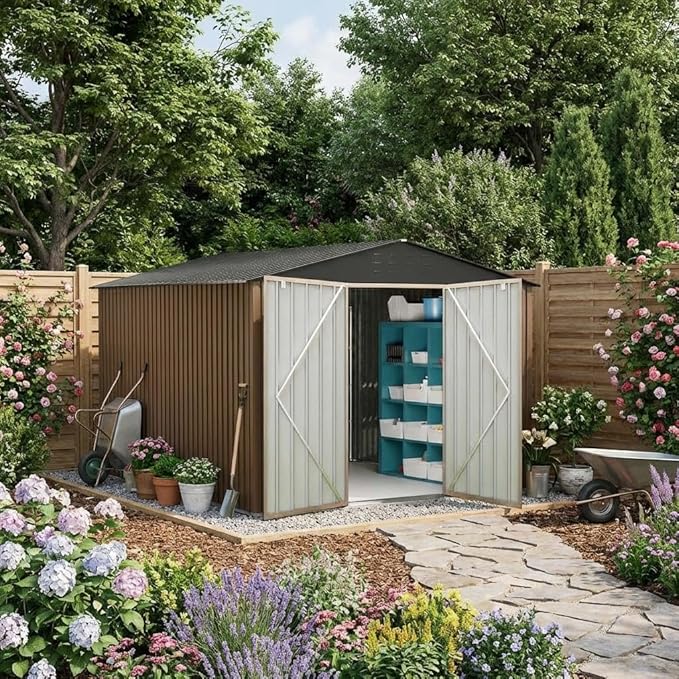 10x10 FT Outdoor Metal Storage Shed, Large Storage Sheds with Sturdy Frame Structure, Metal Garden Tool Shed with Lockable Door for Garden, Lawn, Backyard, Brown