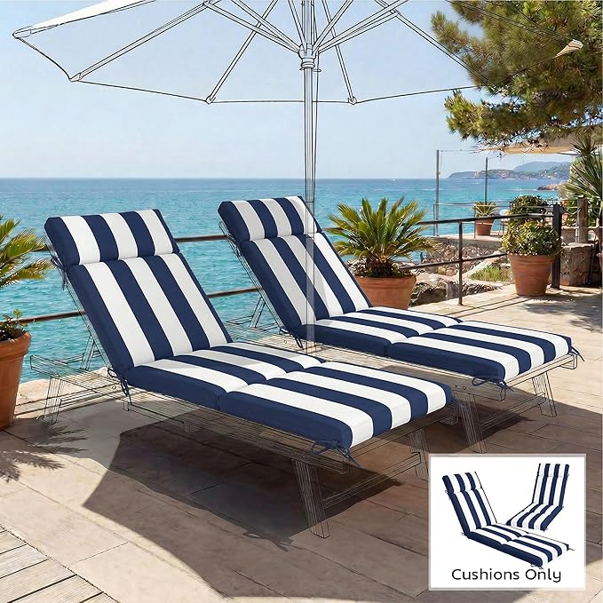 Outsunny Outdoor Chaise Lounge Cushions Set of 2, Chaise Lounge Cushions with 6 Ties, High-Density Foam, 72 x 21.1 x 2.6 Inch Water-Repellent and UV-Resistant for Patio, Poolside, Dark Blue and White