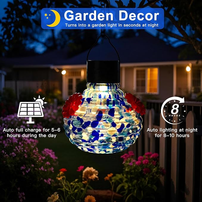 VOREEN Hand Blown Glass Solar Hummingbird Feeder, 17oz Waterproof Hanging Bird Feeder with LED Light, Easy to Clean, Durable Colorful Garden Decorative for Outdoor Yard Patio