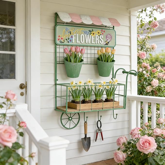 Vintage Wall-Mounted Flower Cart Organizer - Rustic Green Metal & Wood Hanging Planter with 2 Bucket Planters for Indoor/Outdoor Garden, Kitchen, Patio Decor