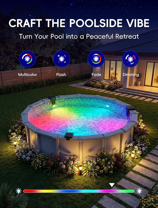 POOLHOUR Solar Pool Lights for Above Ground Pools (Steel Wall Only), LED Pool Wall Light with Remote & Timer, Submersible Underwater Lighting, 10-Color RGB 4-Mode Poolside Solar Lights, 1 Pack