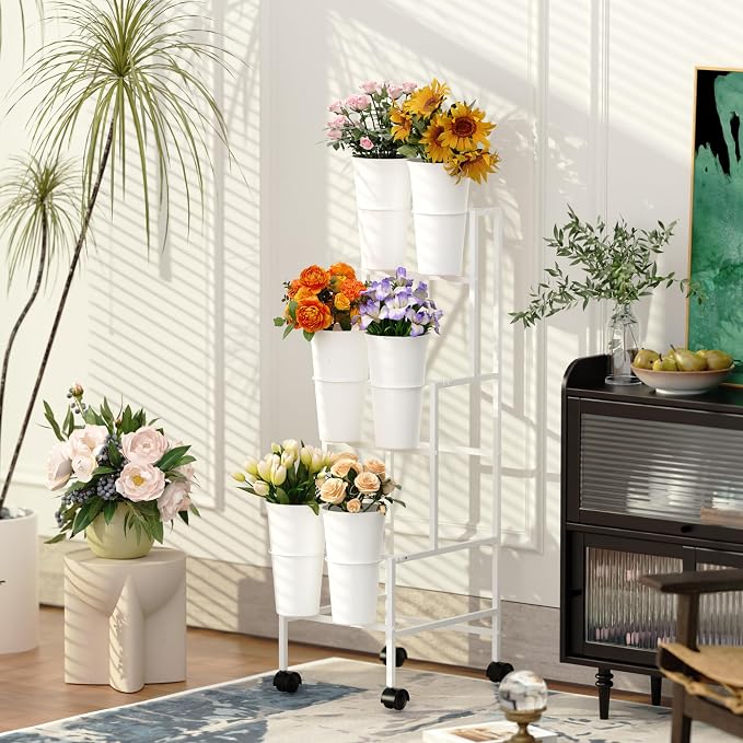 Flower Display Stand with 6 Buckets, Flower Cart with Wheels, 3 Layers Metal Flower Bar Stand Moving Flower Stand Florist Bouquet Shelf for Weddings Party Ceremony Indoor Outdoor Garden (White)