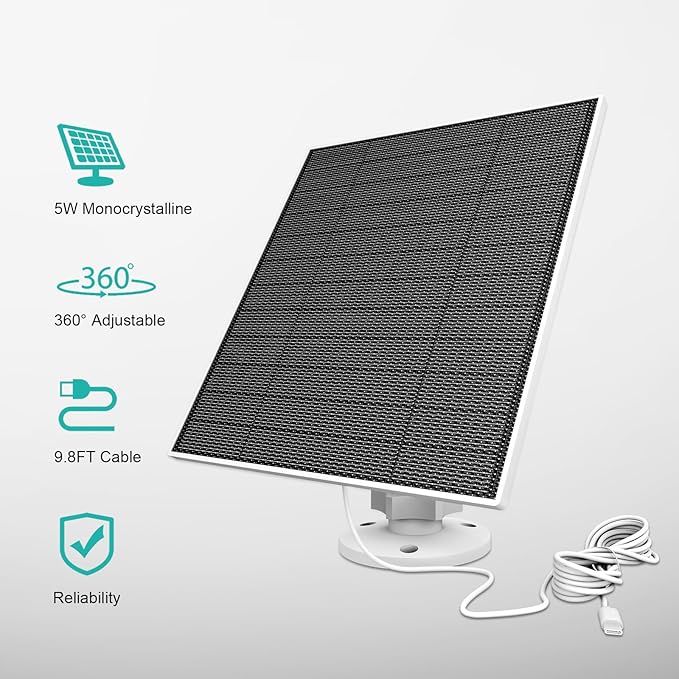 Solar Panel for Eufy Camera, 5W Solar Panel Compatible with Eufycam 3/3C/2/2 Pro/2C/2C Pro/E/E20/E40/L20/L40, Solar Charger for Eufy Camera with USB-C Port, Micro USB Adapter, IP65 Waterproof