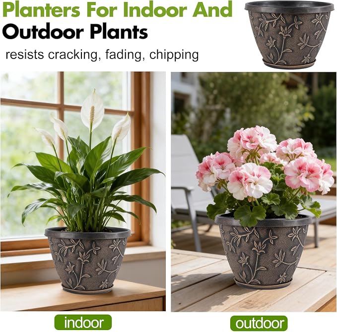 Nooulap 10 Inch Plant Pot with Drainage, Plastic Planter for Indoor Outdoor Plants, Medium Flower Pots for Patio, Balcony Garden Decor, Brown Vintage Flower Pattern
