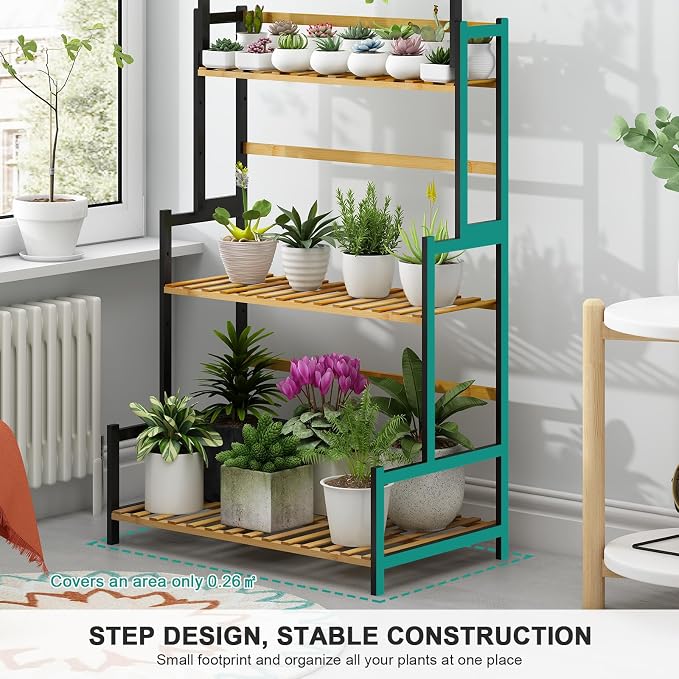 Ufine Bamboo Hanging Plant Stand 3 Tier Ladder Shelf with Hanging Rod | Height Adjustable Flower Pot Display Organizer for Balcony Porch Living Room