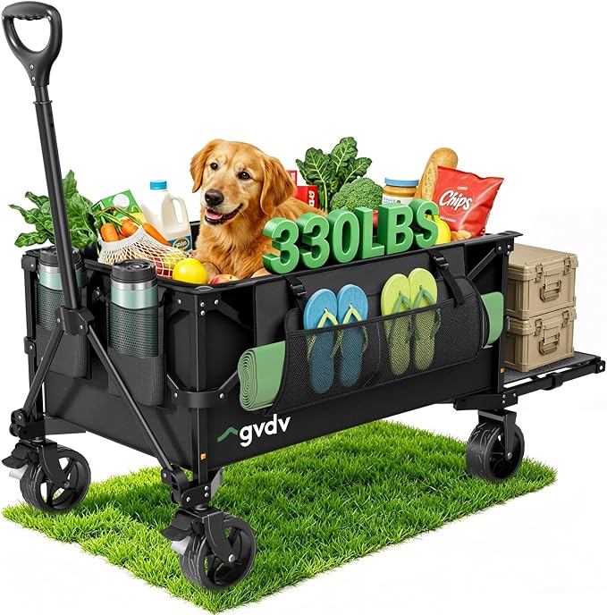 GVDV CW35 Plus Foldable Wagon Cart with Tailgate, 42-Inch Extended Handle Collapsible Utility Wagon, 330LBS Heavy-Duty Cart for Groceries, Camping, Beach, Garden, Sports