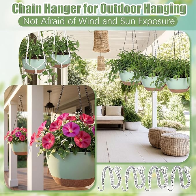 Sliner Set of 4-10 Inch Self Watering Hanging Planters Includes Hanging Pots and Outdoor Hanger Plant Pots with Drainage Holes 2 Types of Hanger Basket Hooks for Patio Garden(Green Brown)