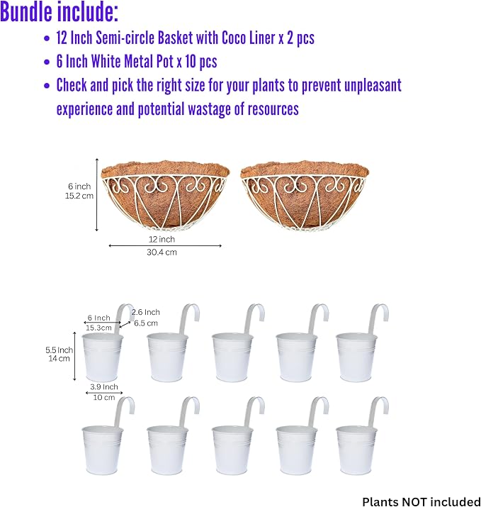 LaLaGreen Bundle- 10-Pack, 6 Inch White Metal Pot + 2-Pack, 12 Inch Hanging Basket with Coco Liner Semi-Circle Wall Mount Flower Holder Fence Railing Deck Balcony Patio Porch Outdoor Bucket with Hook