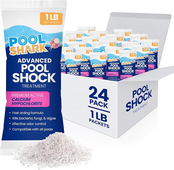 POOL SHARK 68% Calcium Hypochlorite Pool Shock | 1lb (24 Pack) Bags Chlorine Granules | Pool Shock Treatment for Swimming Pools | Inground & Above Ground Pool Cleaning, Fast-Acting Chlorine Shock