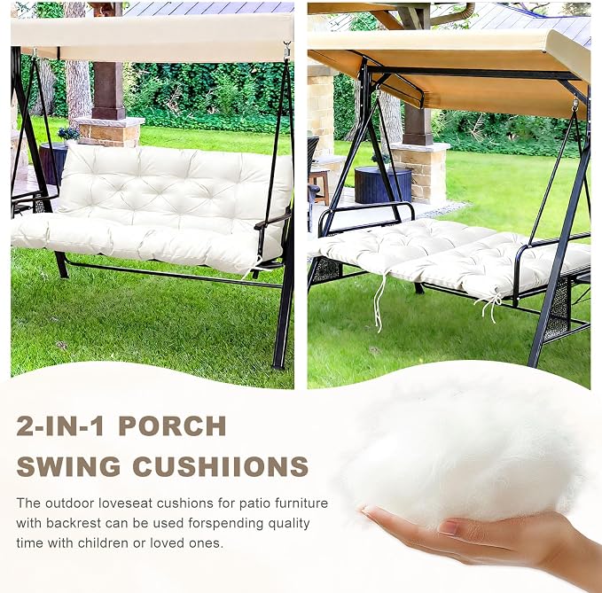 Porch Swing Cushion with Backrest, Waterproof Bench Cushion for Outdoor Furniture, 2-3 Seater Replacement Thickened Swing Cushion with Ties, Patio,Outdoor, Backyard and Garden (Cream,40x40in)