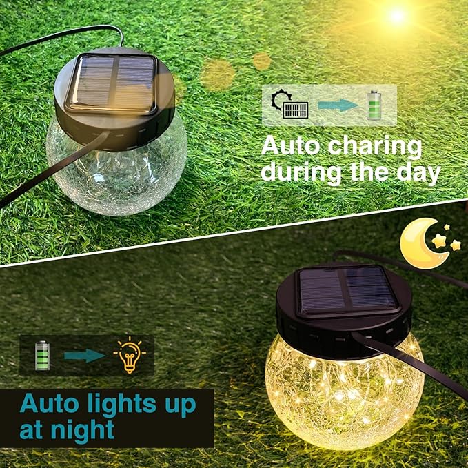 Kolpop Solar Lanterns Outdoor Waterproof 6 Pack, Hanging Solar Lights with 30 LED, Cracked Glass Hanging Globes for Garden Patio Fence Yard Christmas Tree Decoration,Warm White