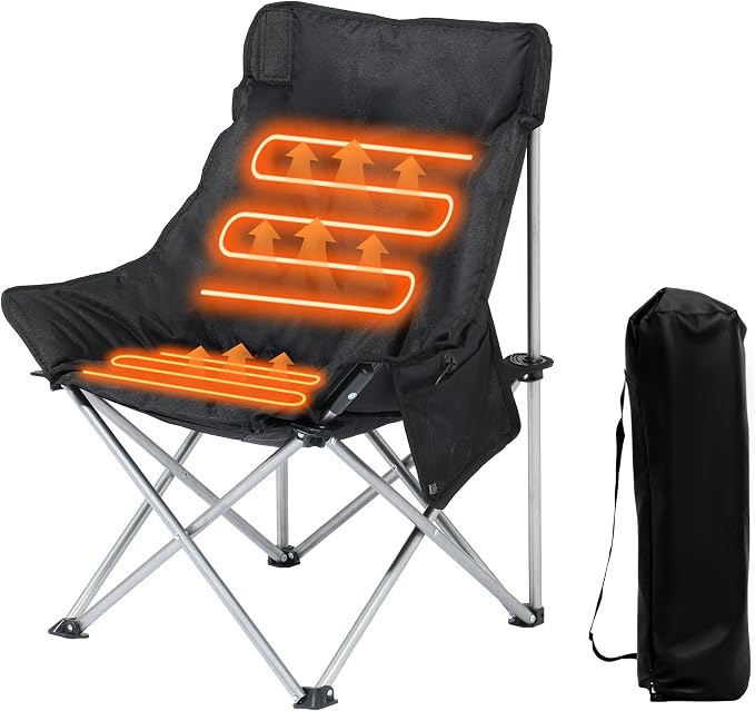 SunSettler Heated Camping Chair, Oversized Heated Outdoor Chairs for Adults with 3 Heat Levels, Portable Folding Padded Chair for Camp, Lawn, Sports (Battery NOT Included) (Black, Small)