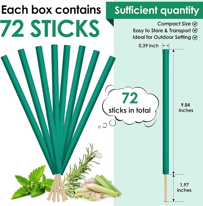 Qualirey 72 Pcs Citronella Incense Sticks, Green Citronella Sticks for Outside Made from Natural Plants, Reaches Up to 12 Feet for Patio Backyard Travel Camping Picnics Swimming Outdoor Activities