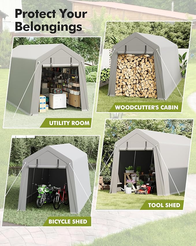 Portable Carport Storage Shed, 10' x 15' Motorcycle Tent, Waterproof & UV-Resistant with Roll-Up Zipper Doors, Gray Outdoor Shelter for Bikes, Tools & Equipment