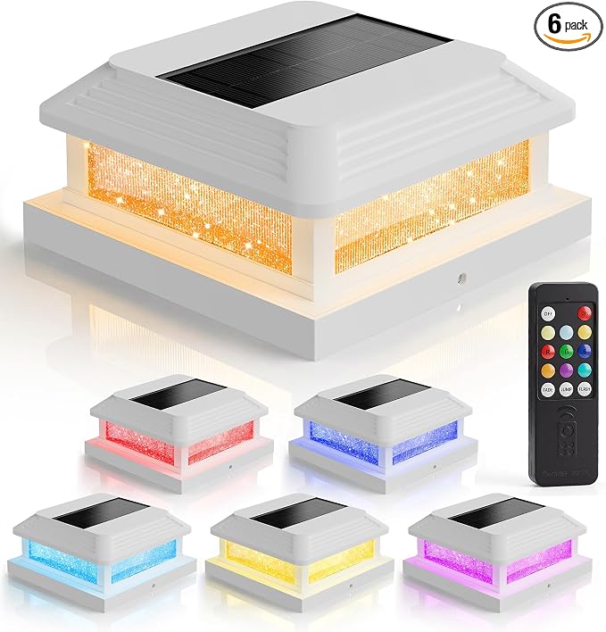JOFIOS Solar Post Cap Lights, LED, Multi-Color, Plastic, Classic Style, Waterproof IP65, for 4/4.5/5 Inch Posts, Outdoor Patio (6, White)