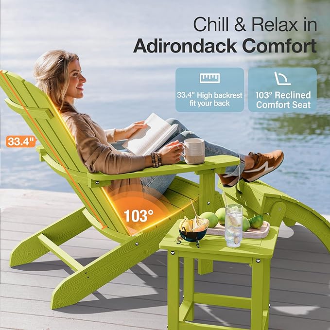 YEFU Adirondack Chairs Set of 2: Plastic Adirondack Chairs - Patio Chairs with Wood Texture - Outdoor Chair HIPS - Lawn Fire Pit Deck Porch Garden Chairs for Adults(Kelly Green)