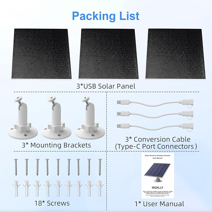 Security Camera 5V 5W Solar Panel - Adjustable Wall Mount, 9.8ft Cable, IP65 Waterproof - Suitable for USB-C & Micro USB