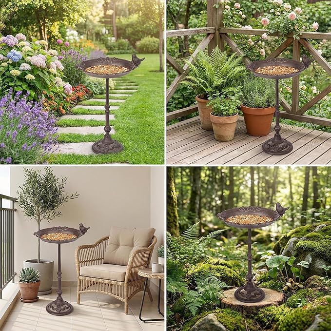 Sungmor Vintage Cast Iron Birdbath for Outside,15.6" Tall Bird Feeder with Adorable Bird Statue,Freestanding Oval Water Bowl,Distressed Brown Finish