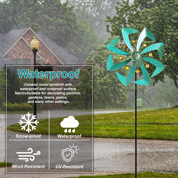 Metal Wind Spinners Outdoor, 360° Yard Wind Spinner Outdoor with Stake, Kinetic Windmill for Yard and Garden, Lawn, Patio, 33.5"× 10" (Green Copper)