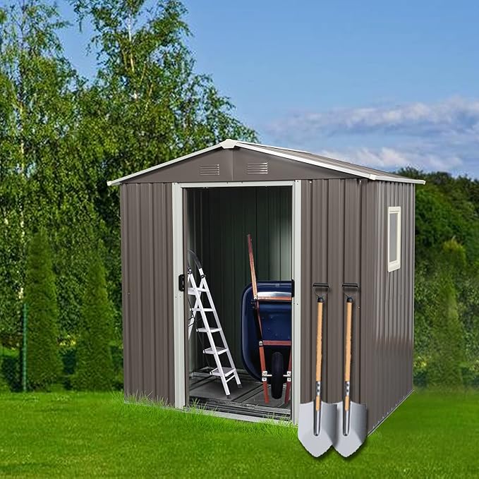 6FT x 5FT Outdoor Storage Shed, Heavy Duty Galvanized Steel Garden Shed with Sliding Lockable Doors, Punched Vents & Foundation Kit, Weather Resistant Metal Tool Shed for Backyard,Gray with Window