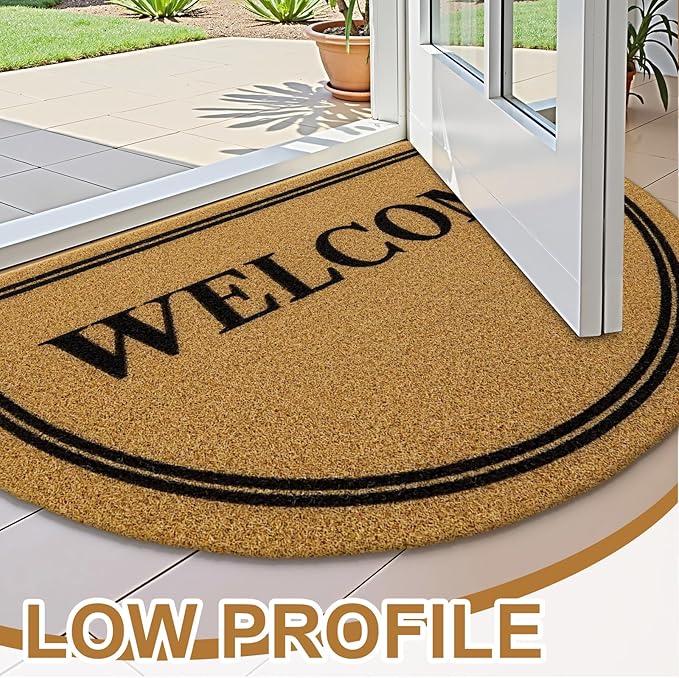OLANLY Half Circle Front Door Mat, Low Profile Doormat, Stain and Fade Resistant, Easy to Clean, for Indoor and Outdoor Entrances, Patio Porch or Entryway, Brown (30x17 Inch, Welcome)