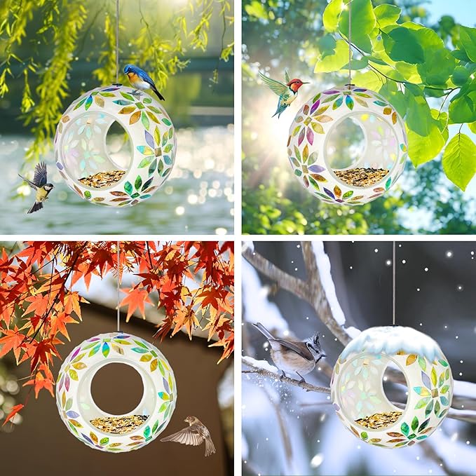 Hanging Bird Feeders for Outdoor Glass Mosaic Fly Through Wild Bird Feeder Round Shape Birdfeeder for Outside Garden Yard Patio Decoration Yellow
