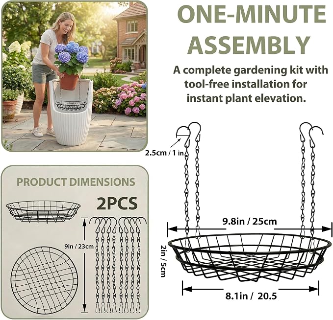 Adjustable Plant Risers for Large Tall Pots, 12-18" Planter Insert, False Bottom Pot Filler with 4 Hooks & Chains, Holds 48 lbs Rustproof Soil Saver for Indoor Outdoor Planters (2Pack, Black)