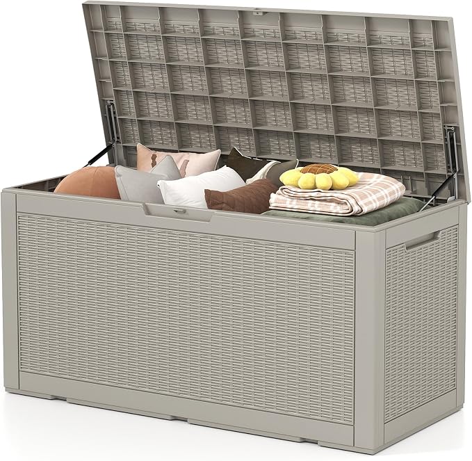 Skepphlay 100 Gallon Deck Box Outdoor Waterproof, Rattan Outdoor Storage Box, Patio Storage Boxes for Cushions, Pillow, Garden Tools, Equipment